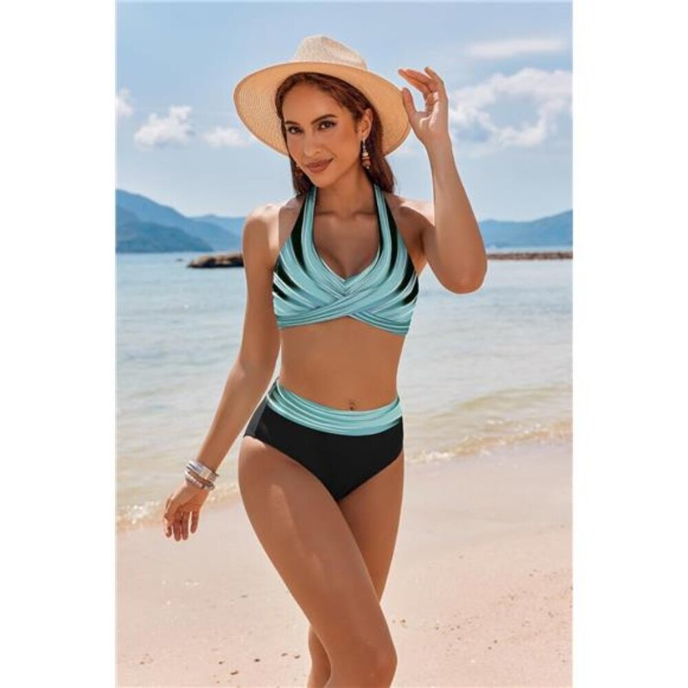 Women's High Waisted Bikini Set Tummy Control Color Block Halter Two Piece Swims - Picture 2 of 6